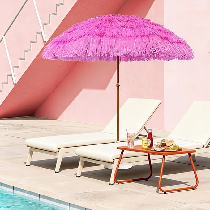 AMMSUN 7.5ft Hula Thatched Tiki Patio Beach Umbrella Hawaiian Style 10 Ribs UPF 50+ with Tilt Carry Bag for Outdoor Tiki Bar, Tropical Palapa, Patio Garden Beach Pool Backyard Pink
