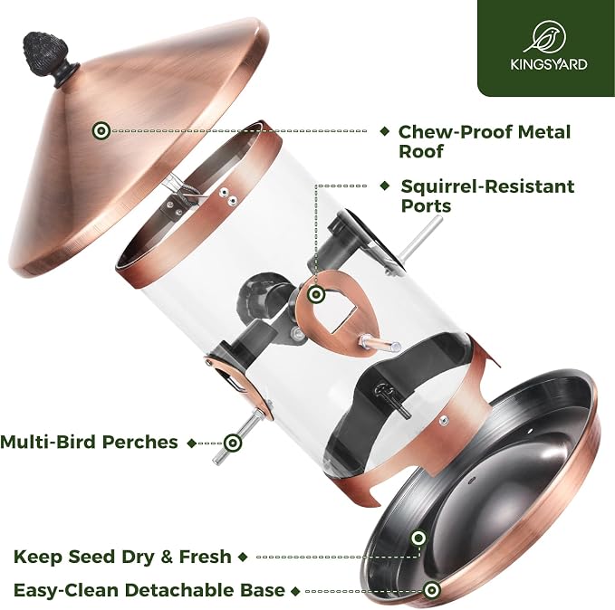 Kingsyard 4.5-Cups Large Metal Bird Feeders for Outdoors Hanging with 8 Ports, Tube Bird Feeder with Seed Tray, Weatherproof Chew Proof Roof for Cardinal Finch, Copper