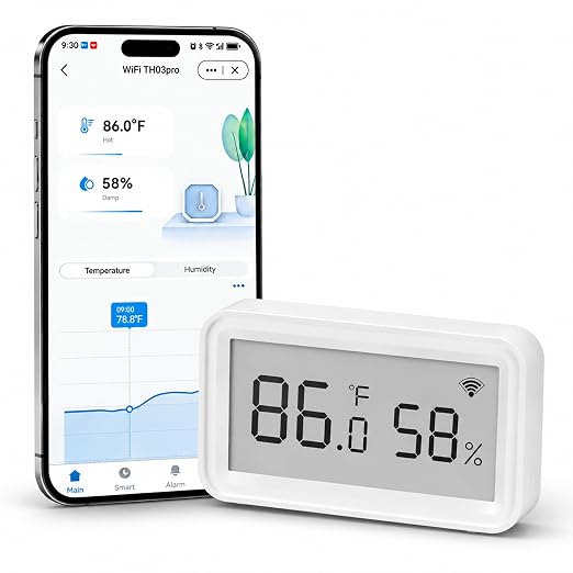 Smart WiFi Temperature Humidity Sensor: Wireless Hygrometer Thermometer with LCD Display, Calibratable, App Alert Notification, Data Logger, Indoor Thermometer for Home Greenhouse Reptile (1-Pack)