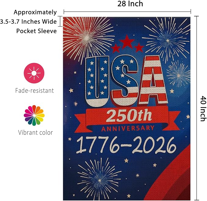 250 Anniversary Usa Garden Flags for Outside, 250 Anniversary USA Flag with Fireworks Design, 1776-2026 Patriotic 4th of July Decorations Yard Sign Double-Sided Waterproof House Flag 28x40 Inch 250 Year American Flag