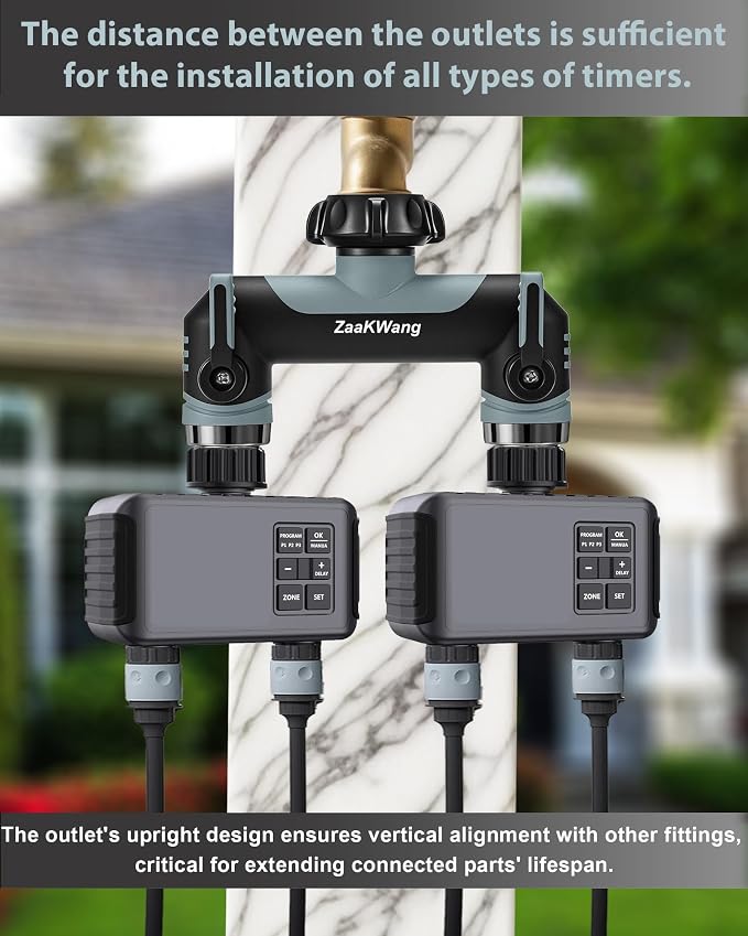 Garden Hose Splitter 2 Way, Heavy Duty Water Hose Spigot Bib Splitter, Outdoor Faucet Splitter with Shutoff Valve, T Adapter Connector with 3/4 - Inch GHT Thread (Grey)