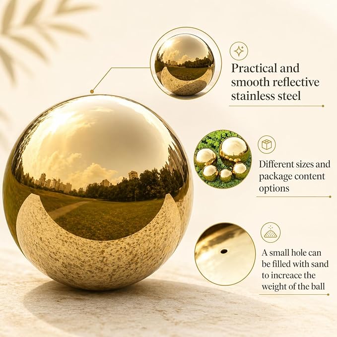 Nerien Gazing Ball, Stainless Steel Garden Mirror Globe, Polished Ornament Sphere, Hollow Floating Reflective Hemisphere, for Home Outdoor Pond Housewarming Swimming Pool Decoration, Gold, 5Pcs Mix