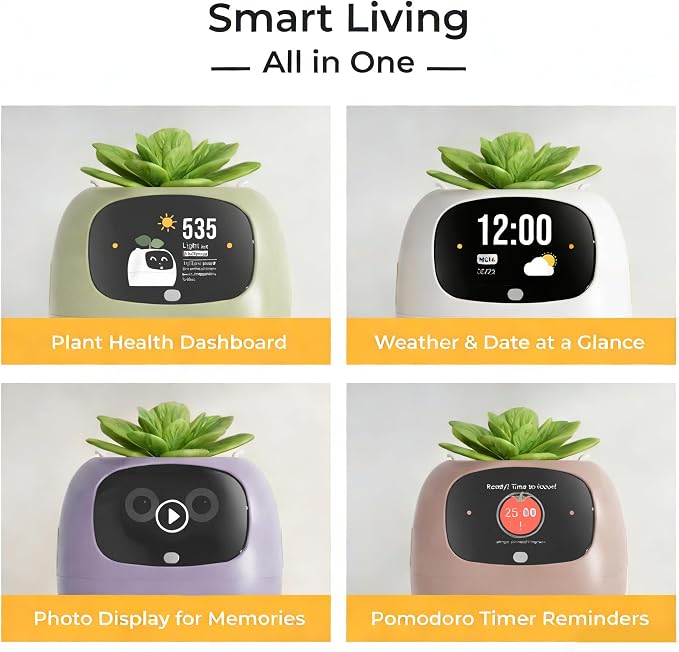 Smart Pet Planter, Smart Plant Pot, With Artificial Intelligence, Time Weather Display, And Multiple Expressions Animation,Lovely Plant Companion, For Desktop Decoration, Gifts,Plant-Free (Ivory)