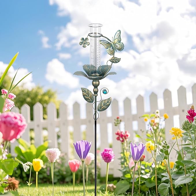 shumi Rain Gauge Outdoor Butterfly, Upgraded Glass Rain Gauge Outdoors Best Rated, Freeze Proof Adjustable Height Rain Gauges for Yard Garden Decor, Gardening Gifts for Women