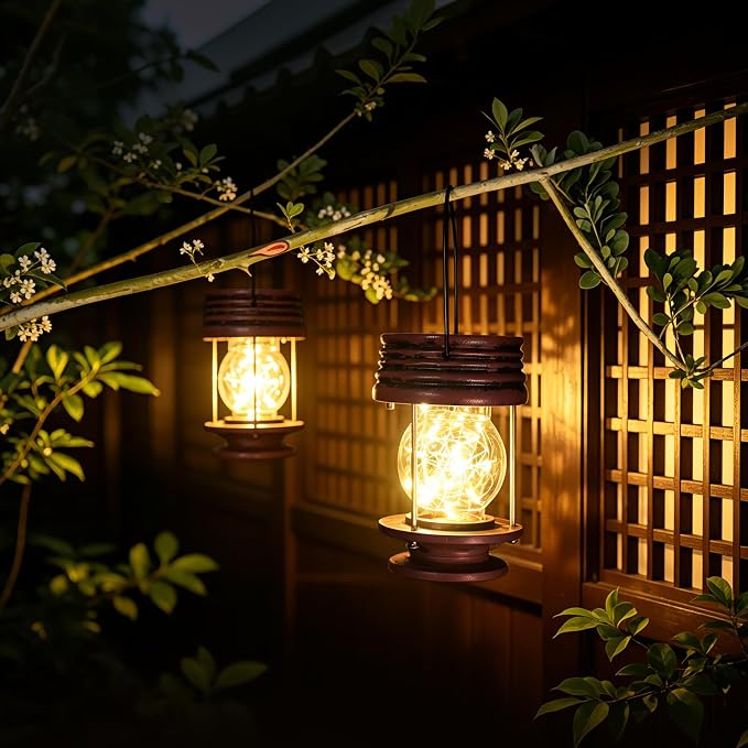 Solar Lanterns Outdoor Patio Decor, 20 LED Hanging Solar Fairy Lights Waterproof, 2 Pack Retro Decorative Table Lamps with Warm Glow for Porch, Yard, Garden, Pathway & Backyard Decoration