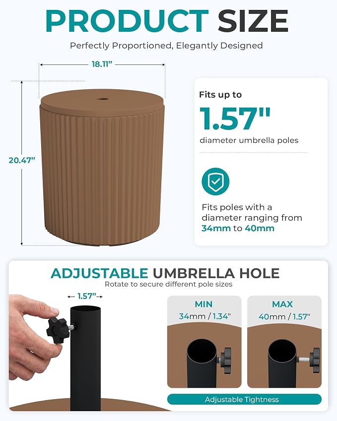 SERWALL Round Outdoor Umbrella Side Table Set of 2 - Outdoor Patio Table with Umbrella Hole for Porch/Patio/Poolside, Brown