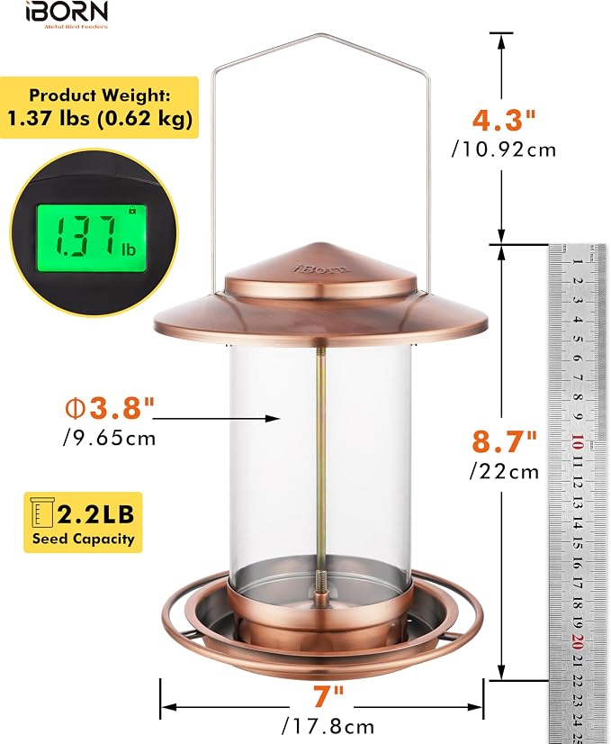 iBorn Bird Feeders for Outdoors Hanging,Metal Bird Feeders for Cardinal Chew Proof 18cm Large Roof&Tray Birdfeeders Outside Hanging,Brushed Copper 6 Port (Seed is not Included)