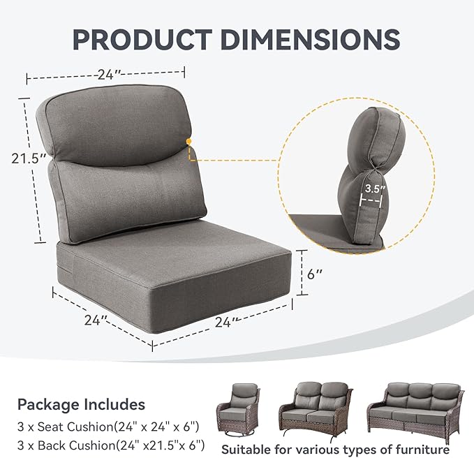 Outdoor Cushion Set for Patio Furniture, UV Resistant, Water Resistant - 6 Inch Thick Dual Layer Back Support Cushions– 24x24 Inch Patio Seat Covers for Chair/Sofa/Couch | Grey | 3-Pack |