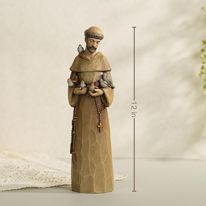 St Francis Statue 12 Inch - Preaching to Birds, Premium Resin with Wood Carving Texture, Patron Saint of Animals & Nature, Garden Outdoor Sculpture, Home Decor, Catholic Gift