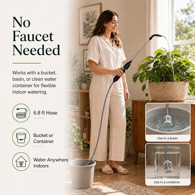 High Reach Plant Waterer for Indoor Plants, Electric Hanging Plant Waterer with 25.6"–35.4" Telescoping Watering Wand, 2000mAh Rechargeable Indoor Plant Watering Device with 6.8 ft Hose & Spray Nozzle