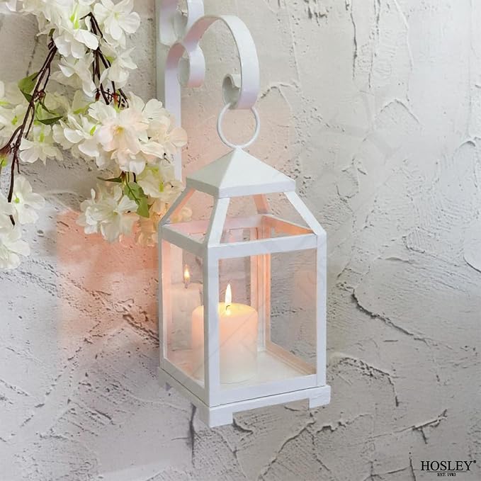 Hosley 12 Inch High Clear Glass and Iron White Classic Style Lantern Ideal Gift for Weddings Bridals Special Occasions Parties Aromatherapy and Spa Settings