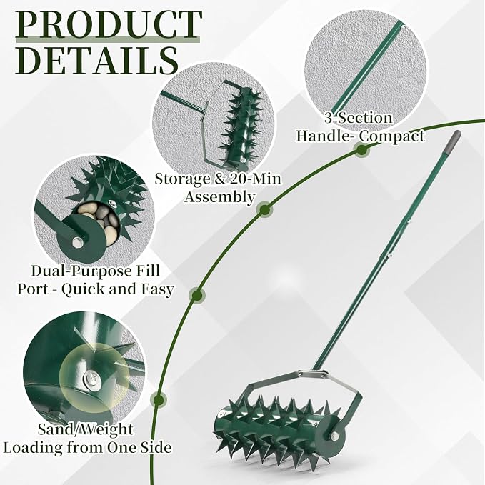 Rolling Lawn Aerator, Manual Lawn Aerators, Ergonomic Design, W-Shaped Blade, 15.75" Yard Aerator Roller with 3-Section Handle, Easy to Assemble, Heavy Duty Rotary Push Spike Aeration Tool, Green
