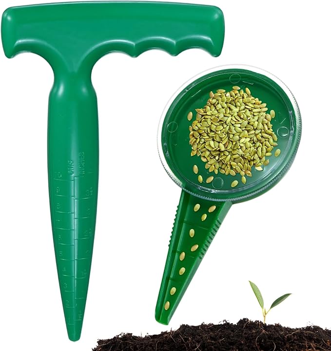 M METERXITY 1-Set Seed Planter Tool, Plastic Hand Dibber Garden Tool with Handle for Sowing Seeds/Transplanting/Planting Bulbs, Handheld Digging Hole Punch Adjustable Dispensers [Dark Green]