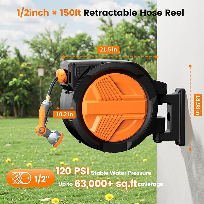 Retractable Garden Hose Reel 1/2” x 150ft, Auto Rewind Hose Reels for Outside, Heavy-Duty Wall-Mounted Outdoor Hose, 10-Mode Nozzle, Adjustable Length, 180° Rotation for Watering, Car Washing