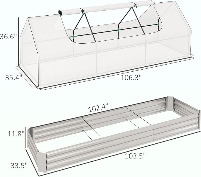 Outsunny 8.6 x 3 x 1ft Metal Planter Box with Mini Greenhouse, Galvanized Raised Garden Bed with Cover for Herbs and Vegetables, Small Greenhouse for Patio Garden Balcony, White and Silver