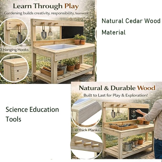 Kids Wooden Potting Bench with Chalkboard, Removable Basin, Storage Shelf and Hooks, Outdoor Garden Work Table,Educational Gardening Tools (Wood)