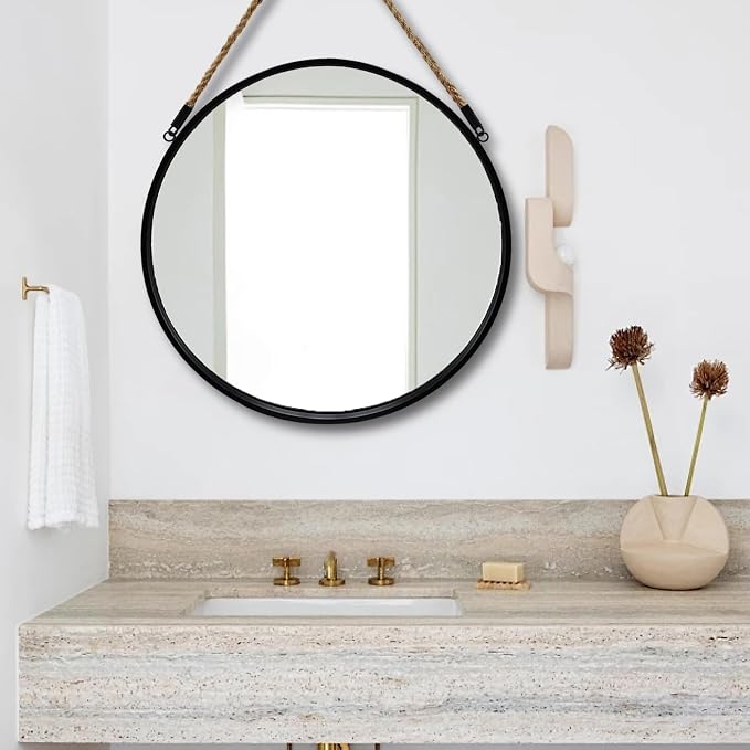 POZINO Round Hanging Mirror with Rope, 30 Inch Large Circle Wall Mirror, Black Metal Frame Farmhouse Mirror for Bathroom Bedroom Living Room Entryway Hallway