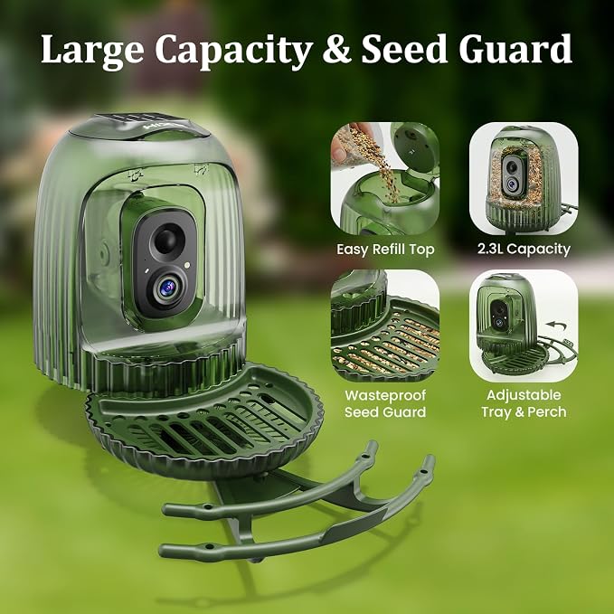 HIXX Smart Bird Feeder with Camera, Auto Capture 2.5K Video, AI Bird Identification, No Mess Seed Guard, Solar Powered Night Light, Live Birdwatching Camera for Dad, Grandpa, Birdlovers