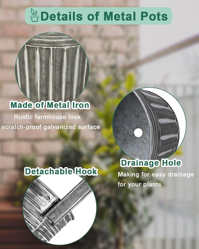 Galvanized Metal Railing Planter for Outdoor Plants - 6 Pack Balcony Hanging Flower Pots with Detachable Hooks and Drain Holes Oval Bucket Rail Box Fence Planters for Home Garden Decor (11 & 4 Inch)