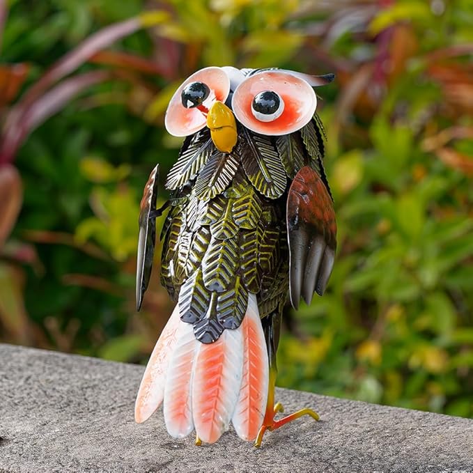 Metal Owl Garden Statue, 9'' Funny Owl Figurine Outdoor Yard Art Decor, Waterproof Owls Decor for Garden, Lawn, Backyard (Grey)