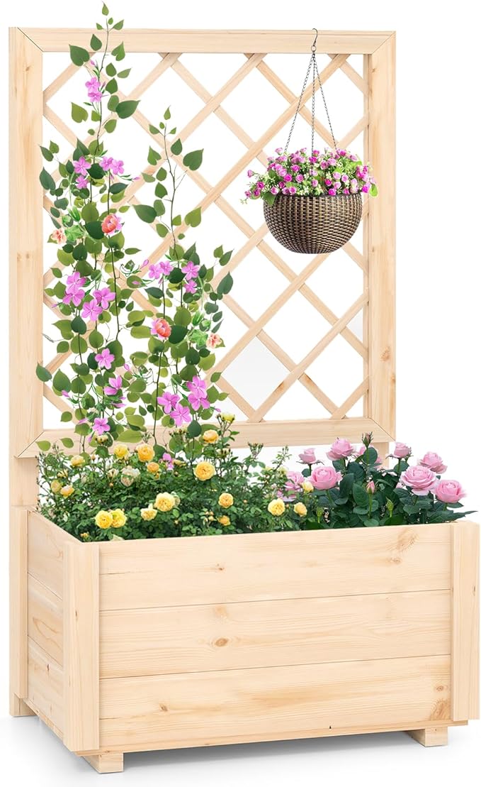 Giantex Set of 2 Raised Garden Bed with Trellis, Drainage Hole, Wood Elevated Planter Box for Climbing Vine Flower Herb Vegetable Fruit, for Indoor Outdoor Patio Balcony (23”x14”x40”)