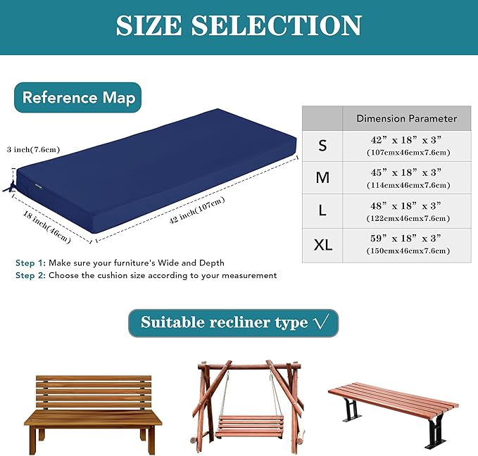 Outdoor Bench Cushions 42 x 18 Inch Thick Waterproof Porch Swing Cushions with Tie Patio Furniture Chair Cushion Bench Pad Color Fastness Backyard Seat Pads Navy