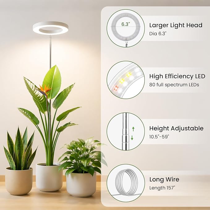 LBW Grow Lights for Indoor Plants, 6.3" Full Spectrum Plant Light with Base, 59" Height Adjustable Grow Lamp, 6/8/12/16H Auto Timer, 3 Light Colors, 5 Dimmable Levels, for Tall Large Plants, White