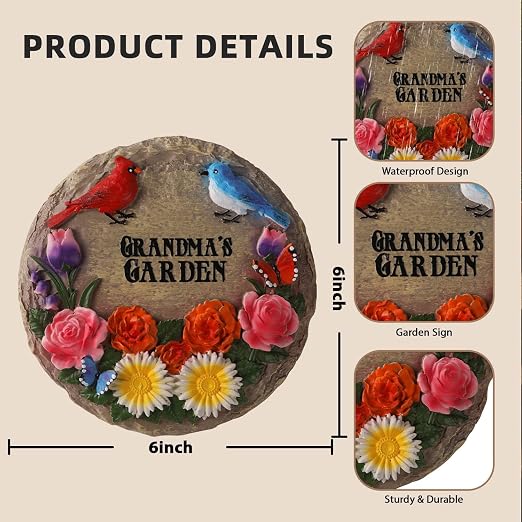 Grandma's Garden Stepping Stones for Mother's Day with Cardinal Robin Birds Flowers Butterflies, Round Resin Stepping Stones for Garden Yard Walkway Patio Grandma Gifts Birthday Retirement