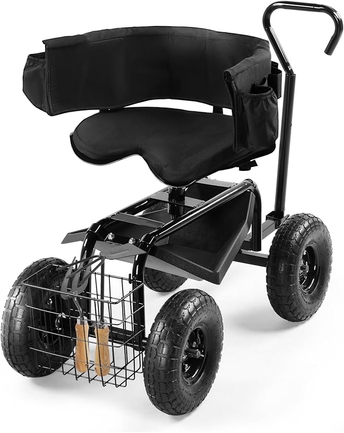 Black Garden Cart Garden Stool on Wheels - Rolling Gardening Seat, Swivel Seat, Rolling Garden Seat with Wheels, Outdoor Garden Cart, Gardening Stool Wagon Scooter, Lawn, Patio Gardening Workseat