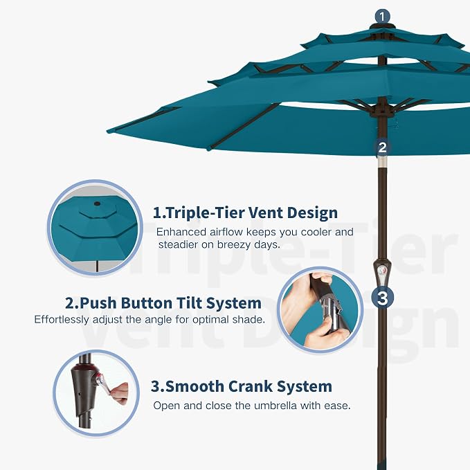 10FT Patio Umbrella 3 Tiers Outdoor Market Umbrella w/Push Button Tilt, Crank, UV and Waterproof Table Umbrella for Garden, Pool, Backyard, Deck, Lawn, Lake Blue