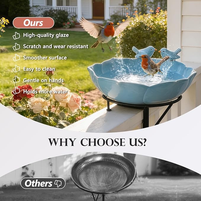 Ceramic Bird Bath for Outdoors, 10.1” Glazed Ceramic Bird Baths Bowls and Feeders for Outside, UV/Frost-Resistant Finish Ground Garden Table Top Bird Baths Decor for Patio Yard Home Green