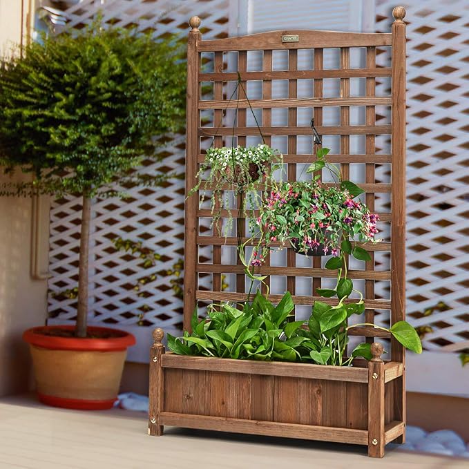 Giantex Set of 2 Wood Planter Free Standing Plant Raised Bed with Trellis for Garden or Yard (11" D X 25" W X 48" H)