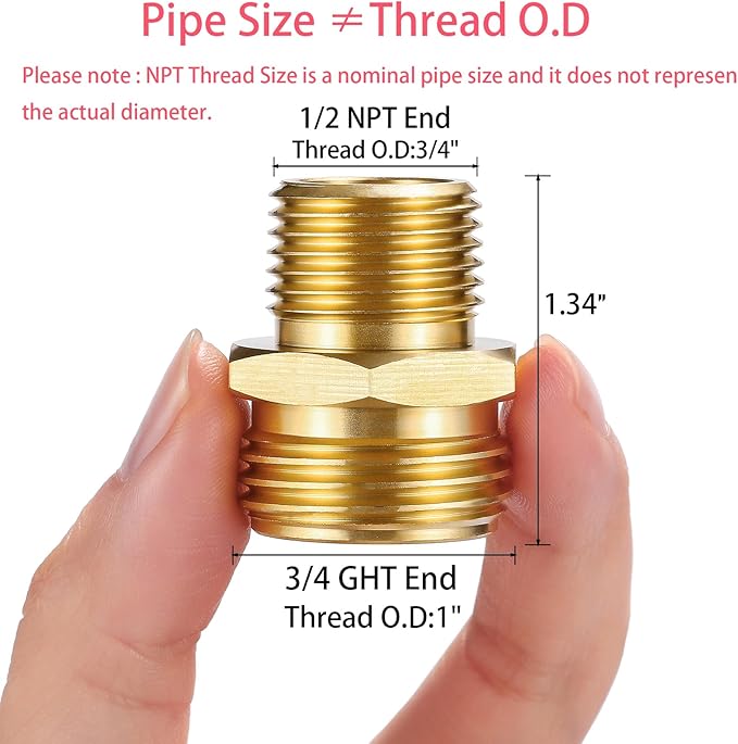 2 Pack 3/4" GHT to 1/2" NPT Male Connector, Brass Garden Hose Fitting, Male Hose Adapter,Brass Garden Hose to Pipe Fittings Connect