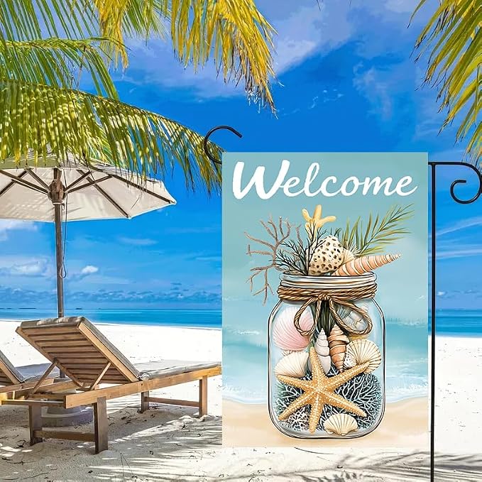 Summer Welcome Garden Flags 12x18 Double Sided Outside | Small Burlap Seasonal Tropical Farmhouse Porch Flags Yard Decorations, Outdoor Beach Pool Decor, Beach Shell Design