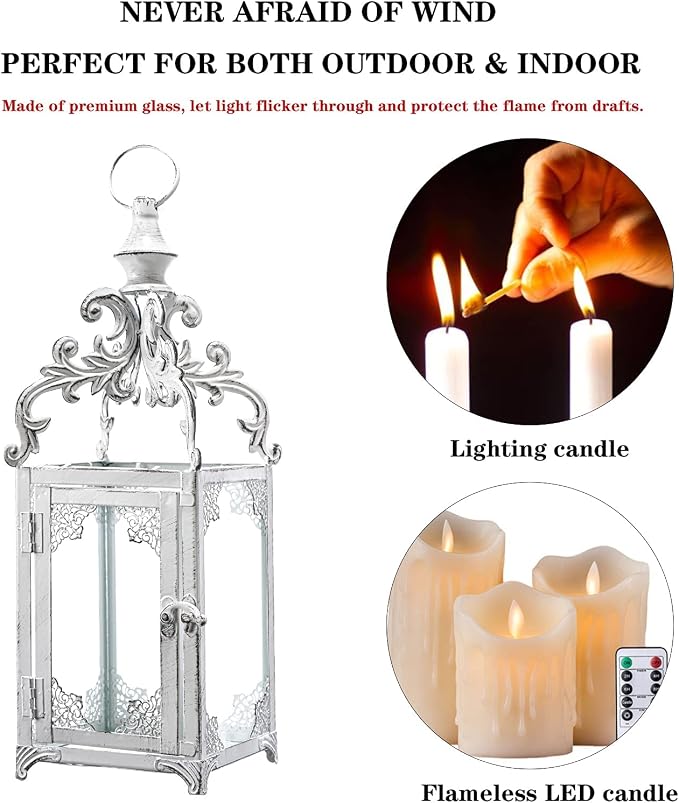 NEEDOMO Lanterns Decorative Indoor, 16" White Hanging Lantern Decor Outdoor, Vintage Metal Large Candle Lantern for Patio, Front Porch, Table, Home Decor, Candle Holder with Clear Glass