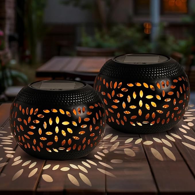 Solar Table Lanterns Outdoor Waterproof LED Lamp Black- 2 Pack, Solar Powered Decorative Lantern for Indoor Desk Bedroom Patio Garden Pathway Yard