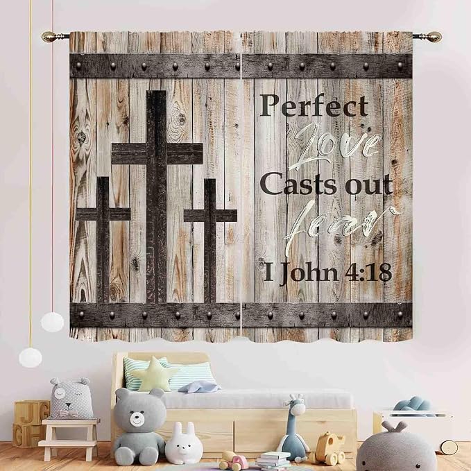 Farmhouse Wooden Curtains, Rustic Brown Wood Board Bible Verse Cross Country Cottage Western Barnwood Garage Old Plank Drapes Window Curtains for Living Room Bedroom Kitchen 2 Panels, 42"x54" Inch