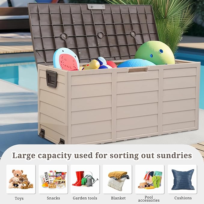 Outvita Deck Storage Box, 75 Gallon Durable Waterproof Storage Container Bin Store Patio Cushions and Yard Stools Outdoor Patio Garden (Brown)
