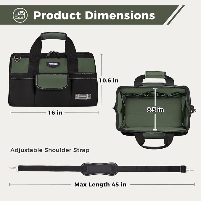 16-Inch Heavy Duty Tool Bag, 22 Pockets Empty Tool Box Organizer Storage, Soft Tote Toolbox Organization Portable Handle Carrying Work Toolbag, Father Day Gifts Men Electrician Mechanic, Green