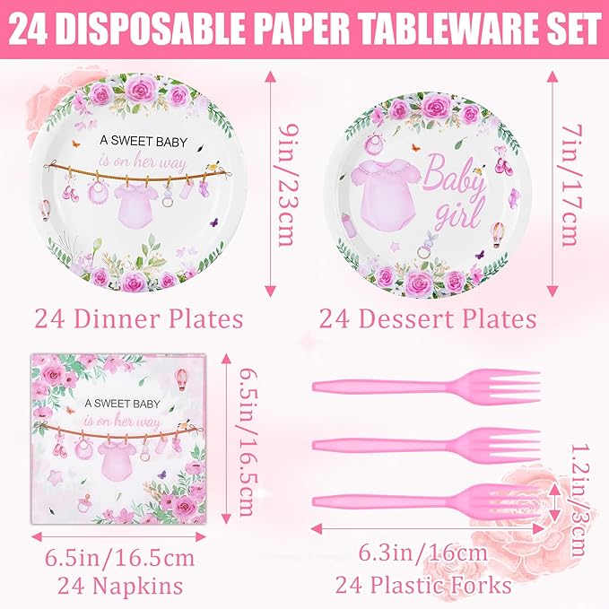 96 Pcs Wildflower Party Decorations Plates and Napkins Forks Floral Pink Disposable Paper Tableware Set for Birthday Flower Gender Reveal Spring Garden Party Supplies for 24 Adult Guests