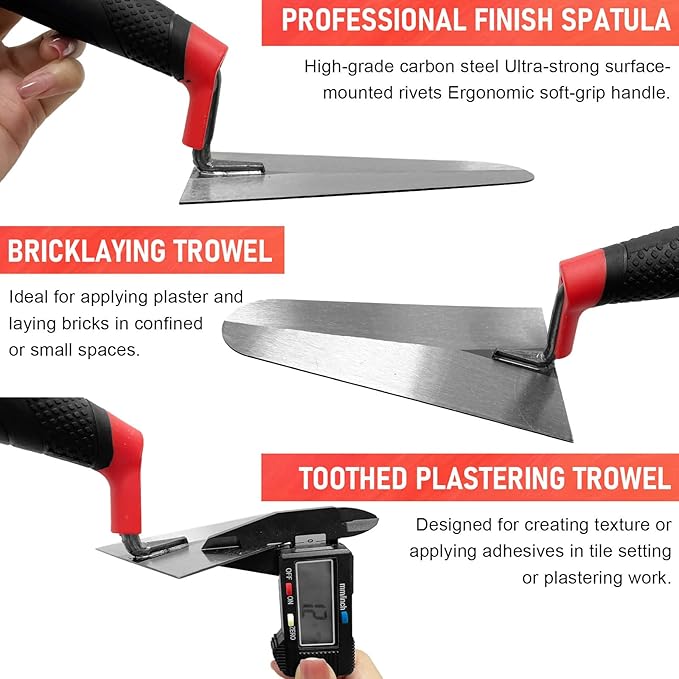 Bricklaying Trowel 4pcs Set, 5.9" 7" 7.87" 8.86'' Masonry Margin Gauging Trowel with Slip-resistant Handles, Brick Tool Set for Brickwork, Stonework, Masonry (Black-D Set)