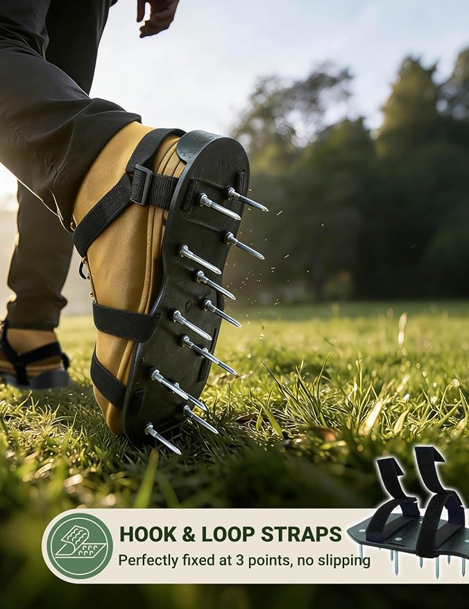 Lawn Aerator Shoes, Soil Aerator Lawn Tool with Dual Hook & Loop Straps for Effectively Aerating, One Size Fits All Free-Installation Lawn Shoes Lawn Dethatcher for Yard Garden Patio Grass