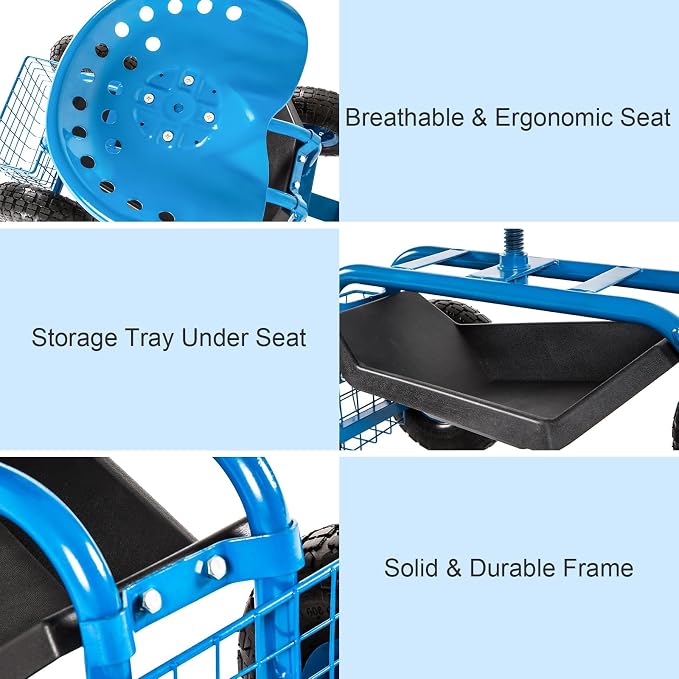 KINTNESS Garden Cart with Rolling Work Seat Tool Tray and Storage Basket on Wheels Heavy Duty Garden Scooter Gardening Planting (Blue)