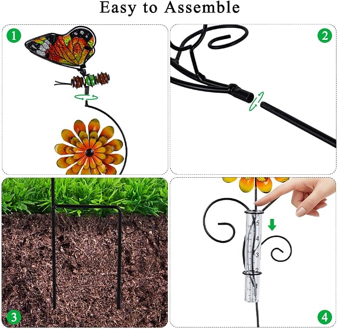 Rain Gauge Outdoor, 3 Pack Butterfly Rain Gauges with 5" Plastic Tube, Metal Flower Decorative Garden Stakes for Yard Patio Lawn Decor