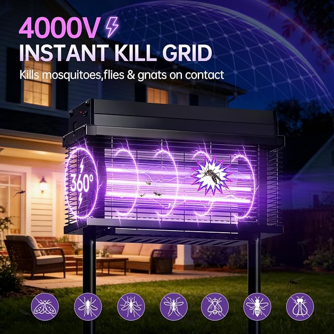 Solar Bug Zapper Outdoor, Purple UV Mosquito Zapper with Smart Rain Off Rechargeable Mosquito Killer Lamp, Wireless Solar Powered Fly Trap for Yard Patio RV (Black)