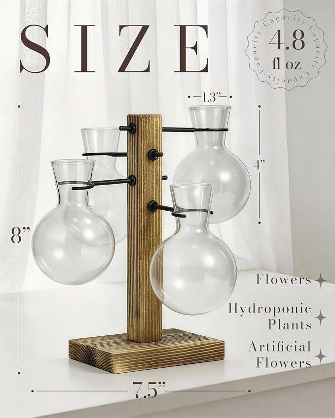 Plant Propagation Stations with Wood Stand, Plant Terrarium for Home Office Garden Decor, Gardening Gifts for Plant Lovers, 4 Glass Propagation Vases (Bulb Shape)
