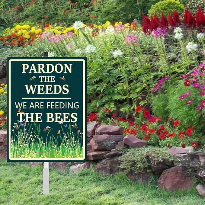Pardon The Weeds We Are Feeding The Bees Yard Sign with Stakes(8 * 12in), Sturdy Aluminum Signs Rust Free, Honey Bee habitat Decorations Signs