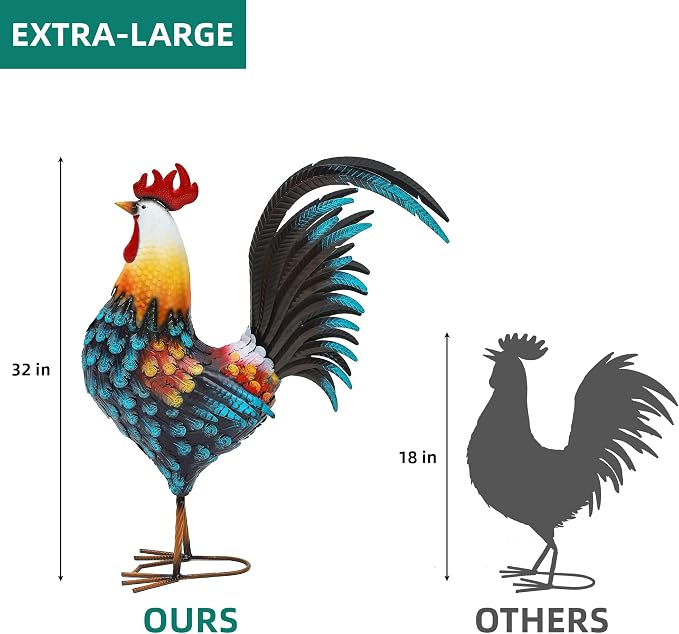 32" Large Metal Rooster Yard Decor, Outdoor Garden Statues, Metal Chicken Sculpture for Backyard Patio Kitchen Living Room Decor