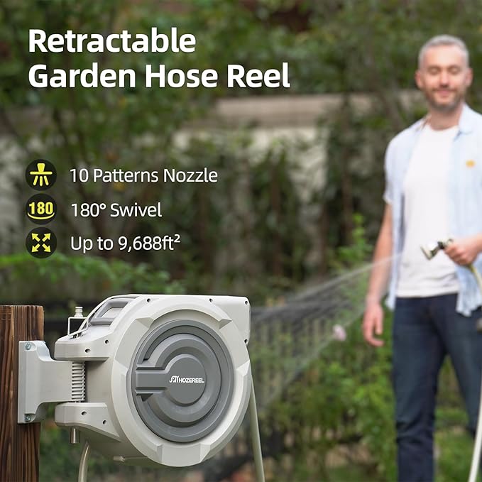72 FT x 1/2" Retractable Garden Hose Reel by HOZEREEL, UV Resistant Hose Reels - Automatic Slow Self Retract Wall Mount Hose Reel Enclosed Storage, Any Length Lock 180° Swivel, 10 Pattern Nozzle