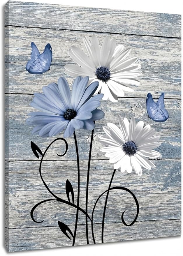 MYUSRE Farmhouse Blue Floral Canvas Wall Art, 16L X 12W Inch | Rustic Wood Daisy Butterfly Framed Wall Art Country Flower Pictures Wall Decor Ready to Hang